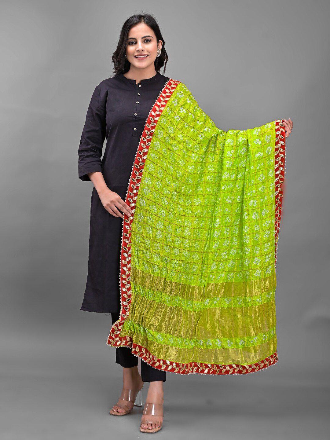 apratim green & red printed art silk bandhani dupatta with gotta patti