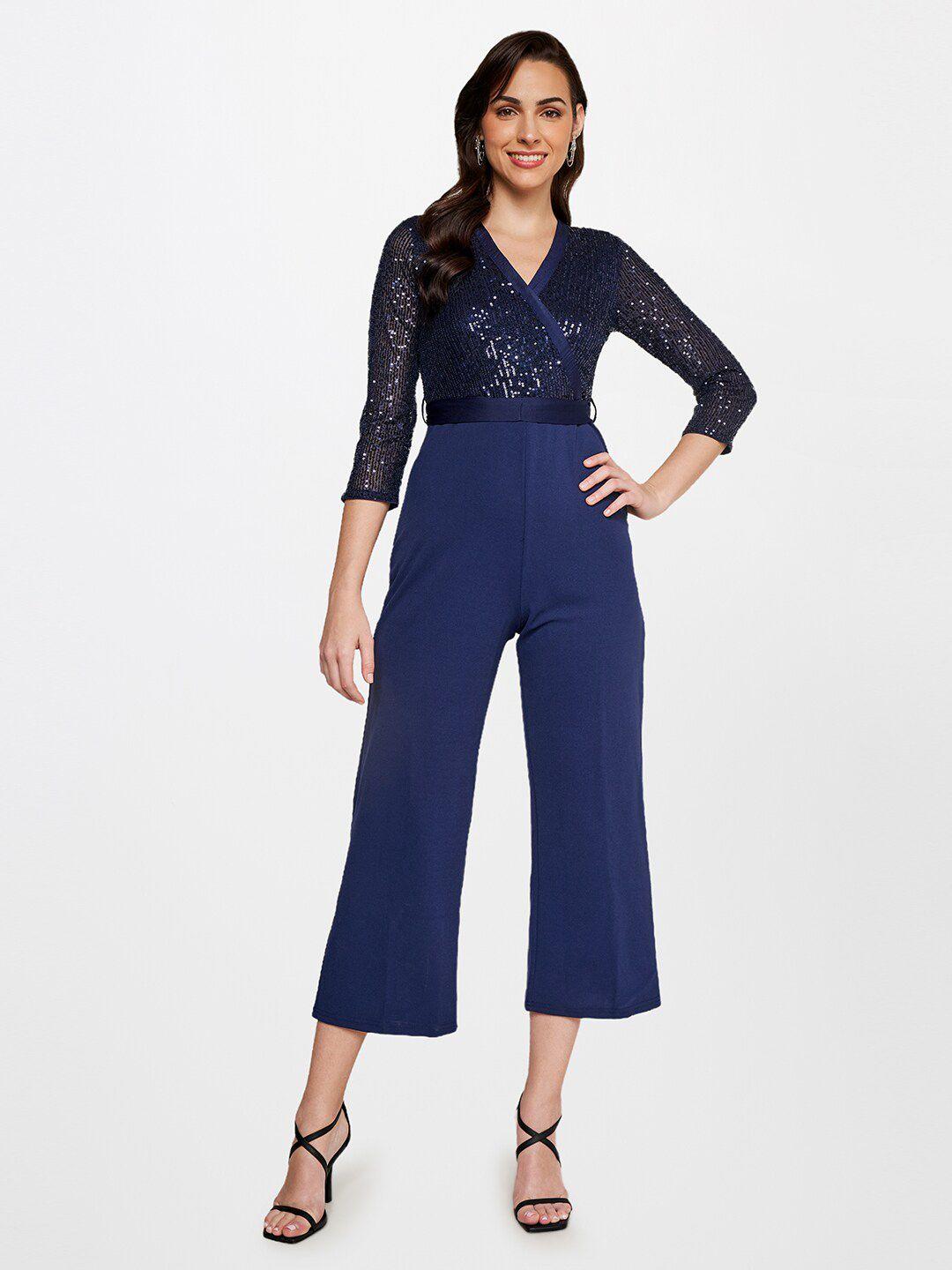 and women navy blue embellished v-neck basic jumpsuit