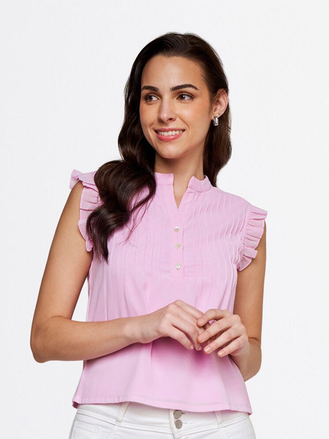 and pink mandarin collar top