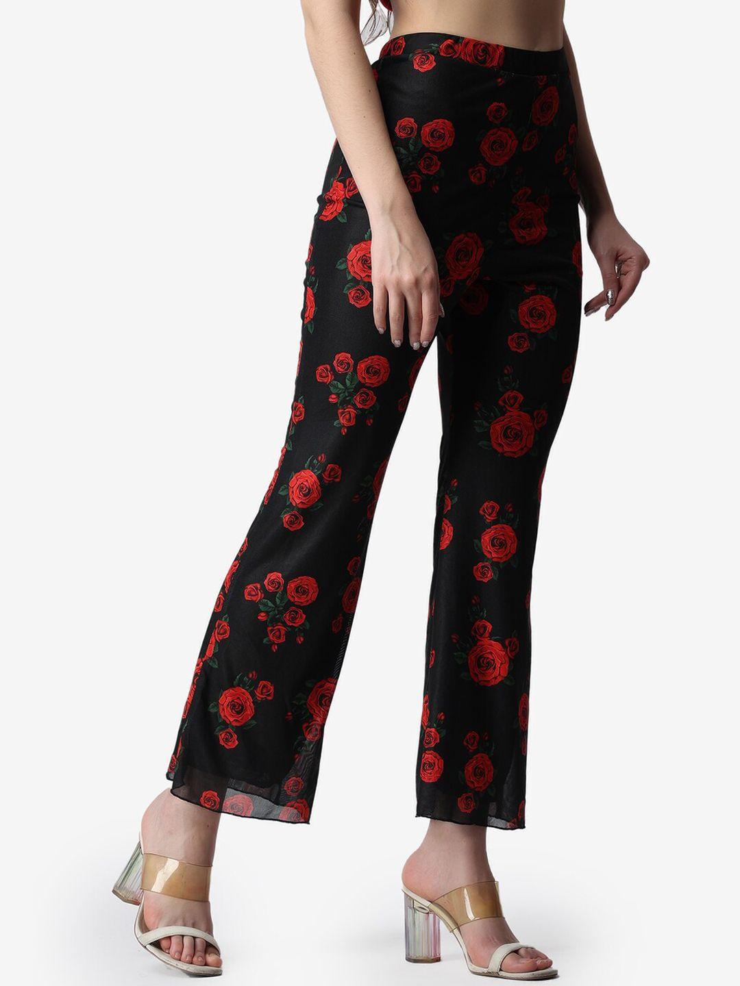 popwings women black floral printed smart flared high-rise wrinkle free trousers