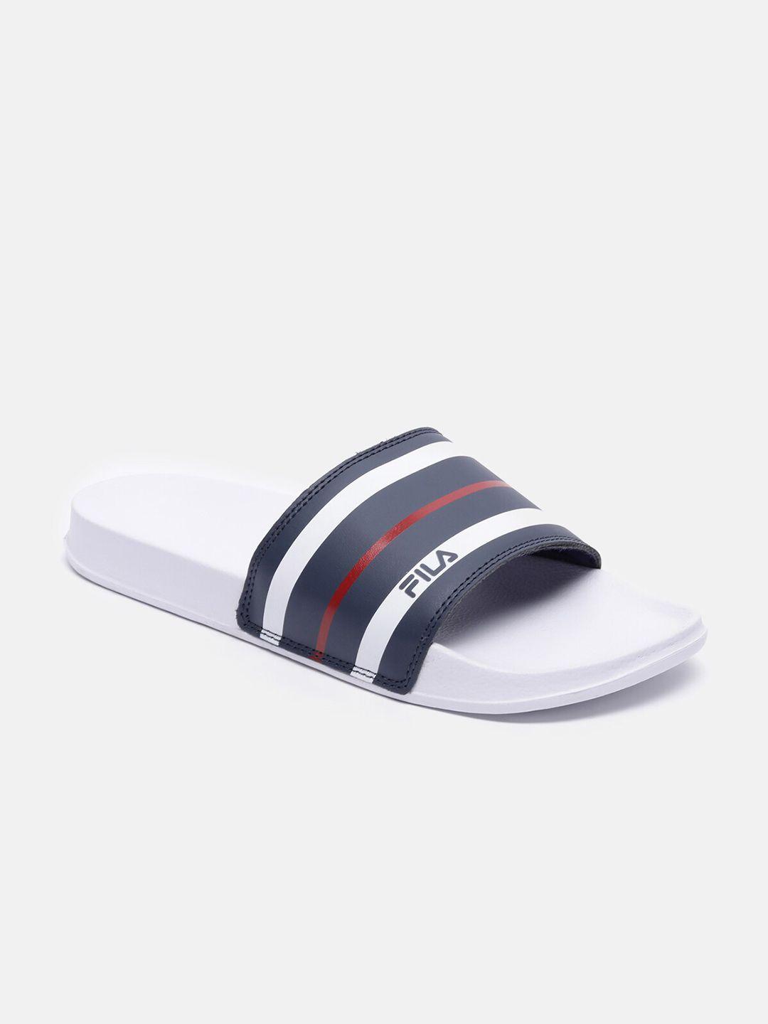 fila men white & navy blue striped rubber sliders