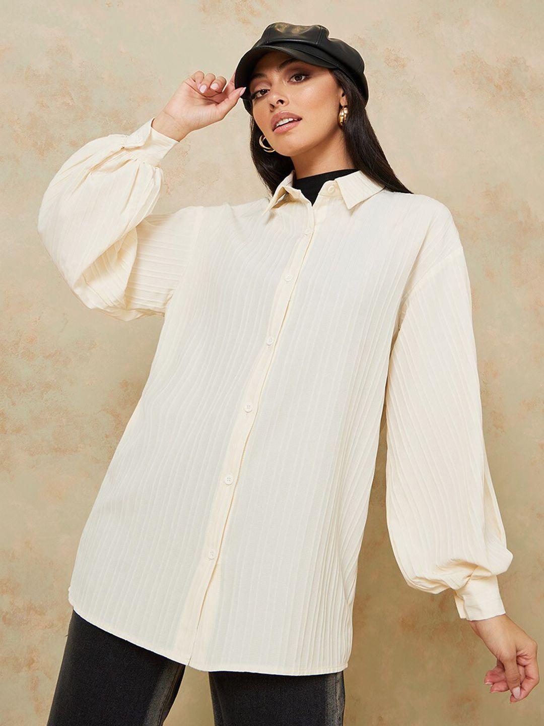 styli women cream-coloured striped casual shirt