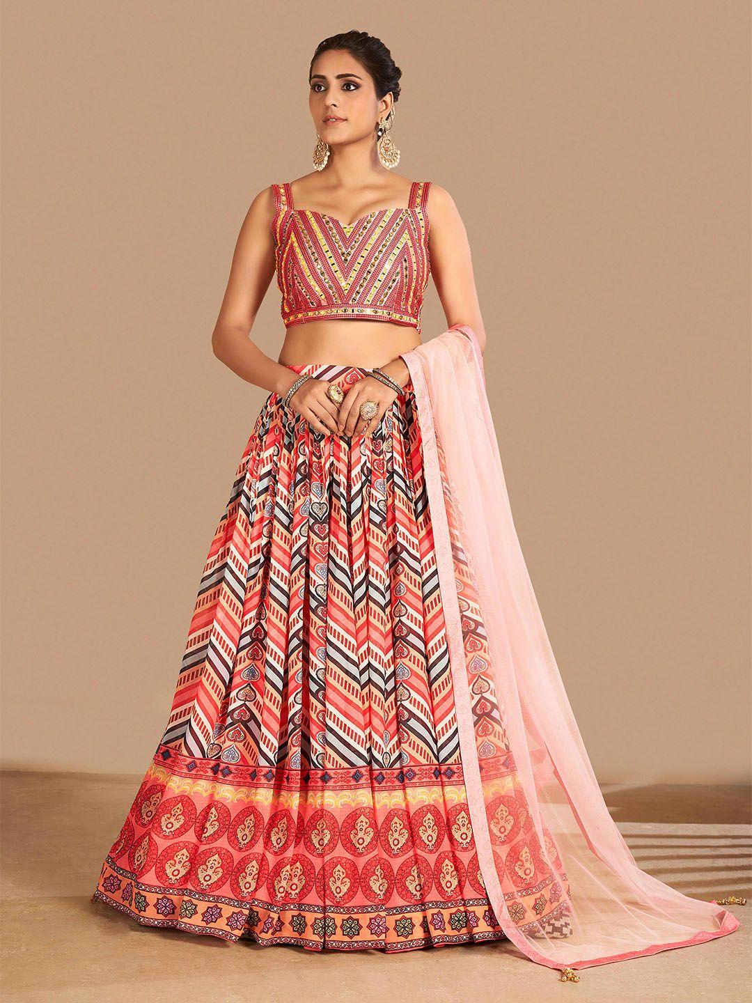 fusionic pink & white embroidered semi-stitched lehenga & unstitched blouse with dupatta