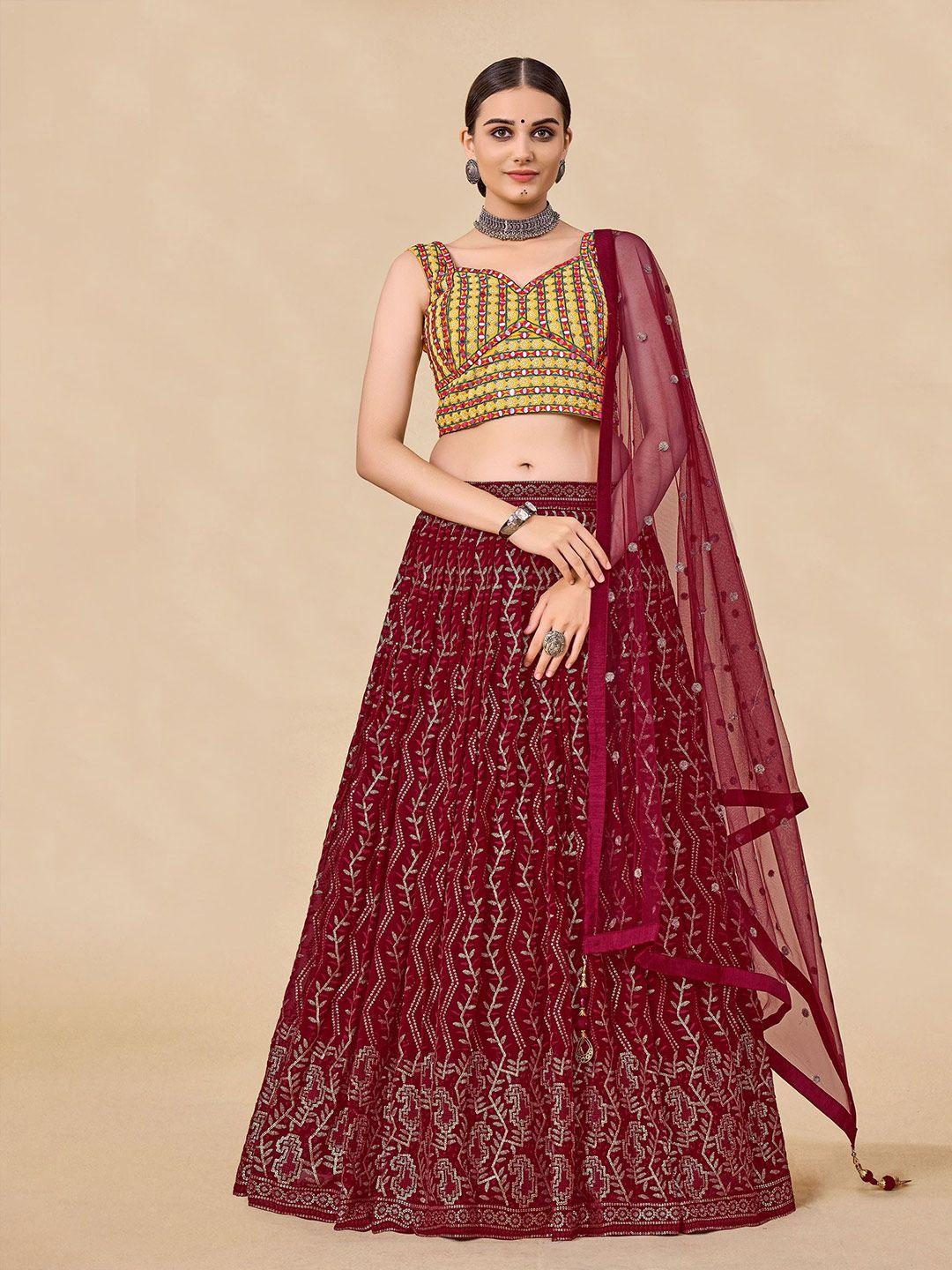 fusionic maroon & yellow embroidered mirror work semi-stitched lehenga & unstitched blouse with dupatta