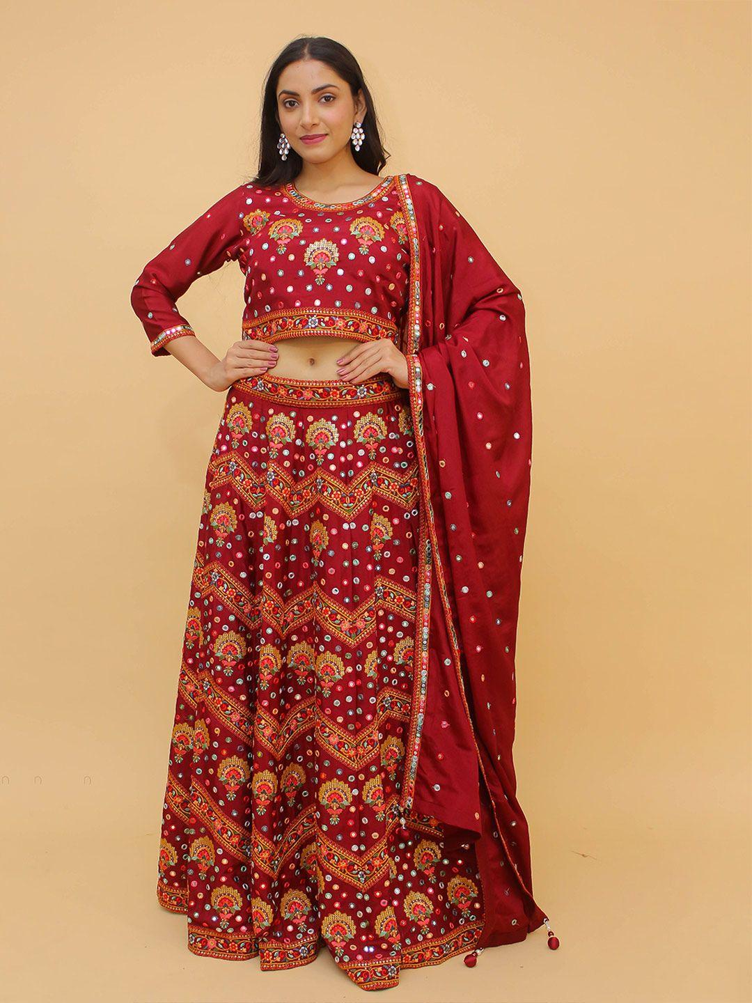 fusionic maroon & orange embroidered semi-stitched lehenga & unstitched blouse with dupatta