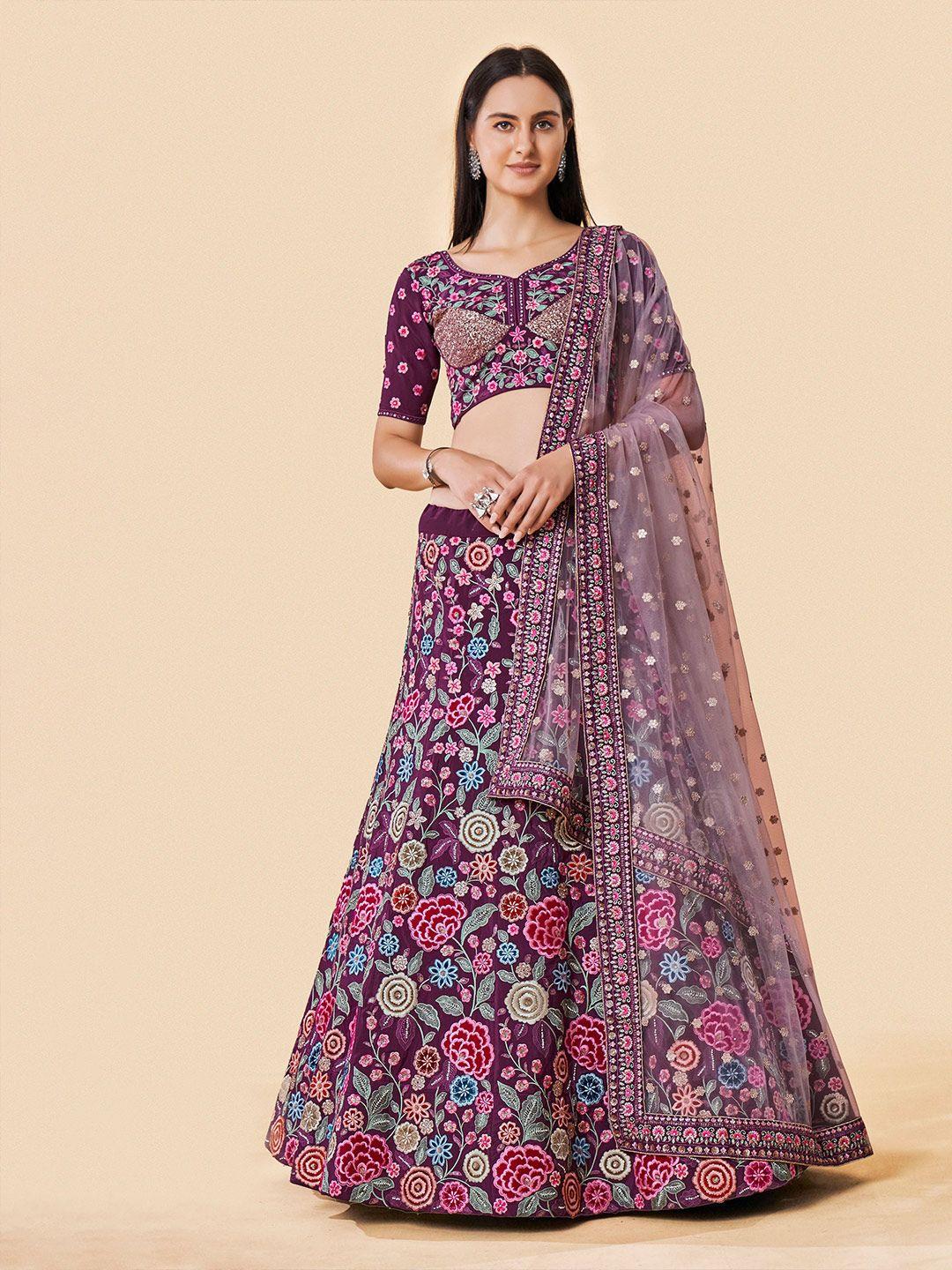 fusionic burgundy & pink embroidered semi-stitched lehenga & unstitched blouse with dupatta