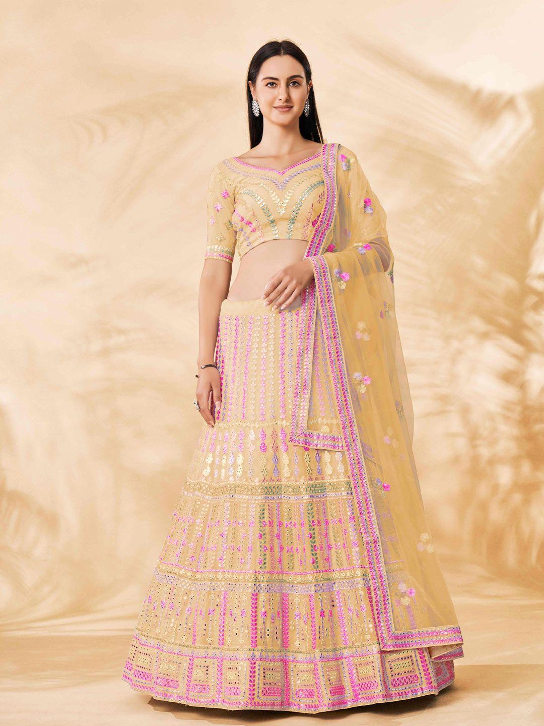 fusionic yellow & pink embroidered mirror work semi-stitched lehenga & unstitched blouse with dupatta