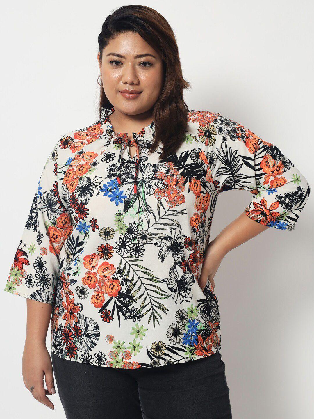 austivo women plus size white & orange floral print tie-up neck top