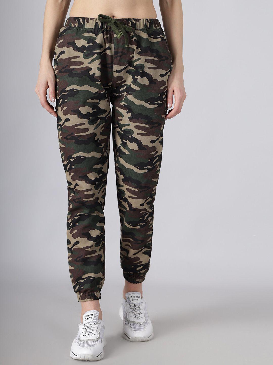 q-rious women green camouflage printed pure cotton joggers trousers