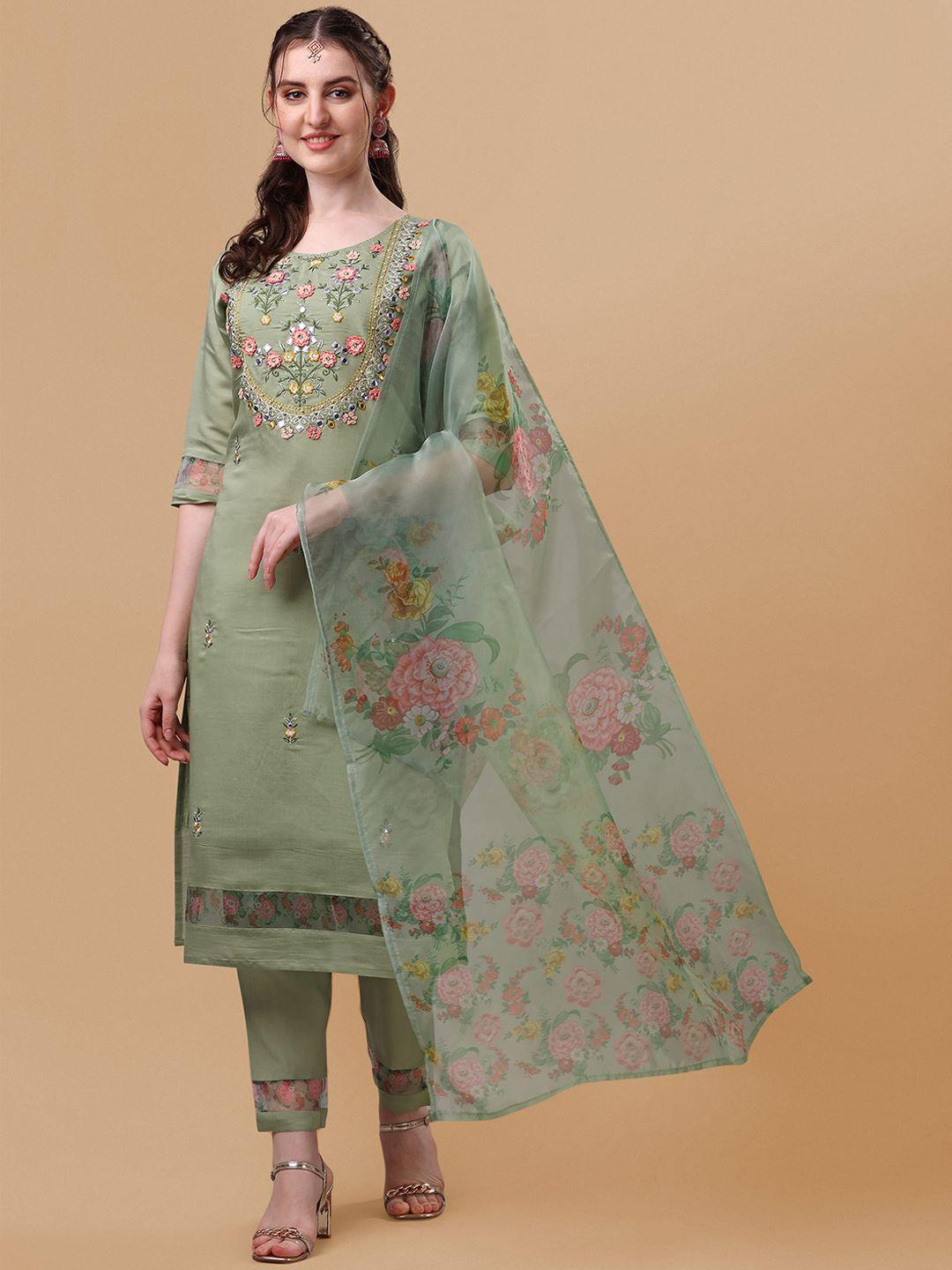 berrylicious green floral embroidered thread work chanderi cotton kurta with trousers & dupatta