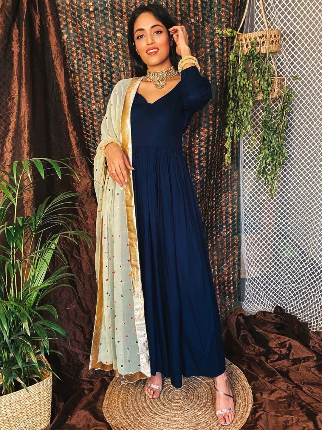 thread & button women navy blue mirror work kurta with trousers & with dupatta