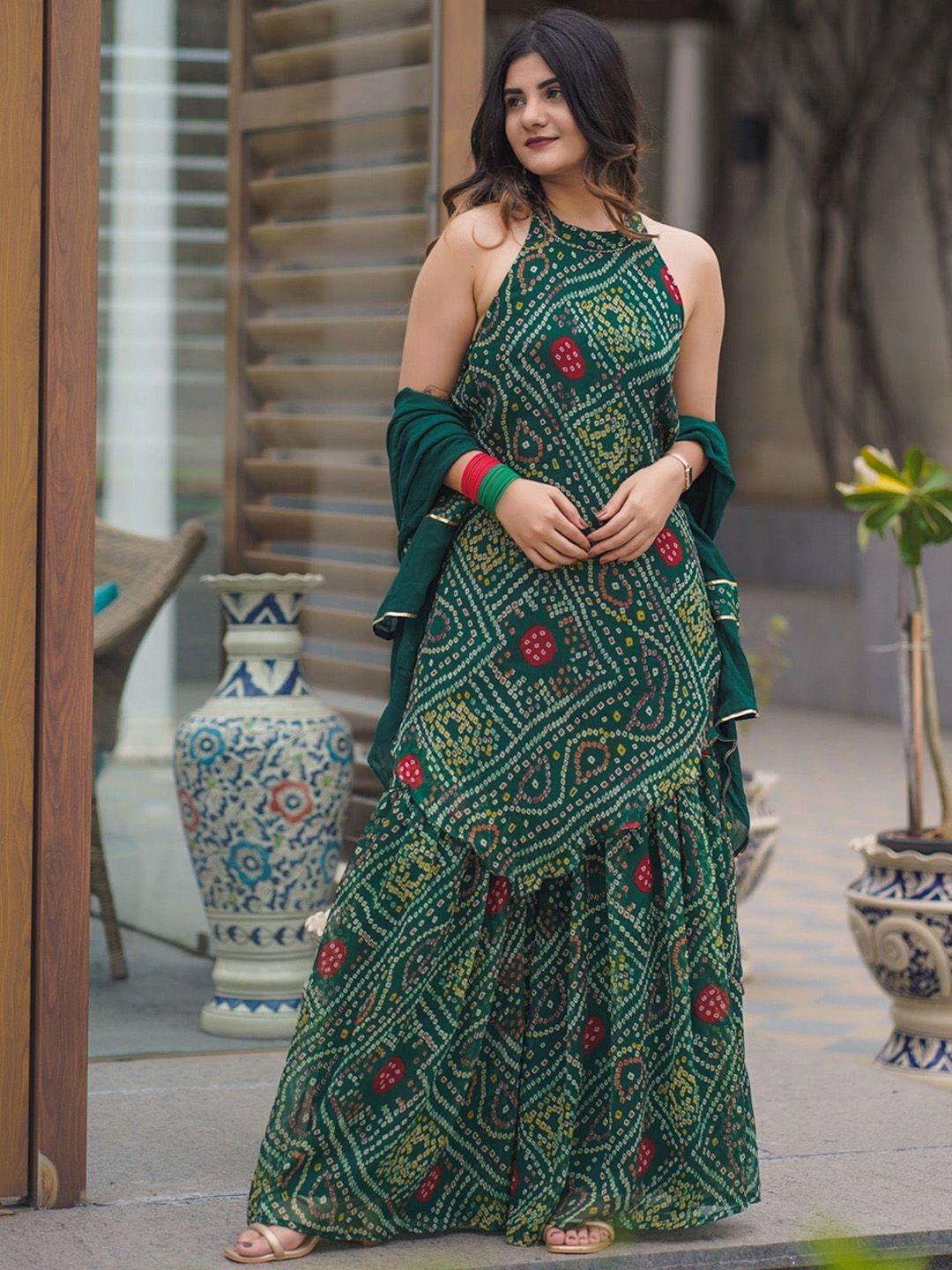 thread & button women green bandhani printed silk chiffon kurta with palazzos & with dupatta