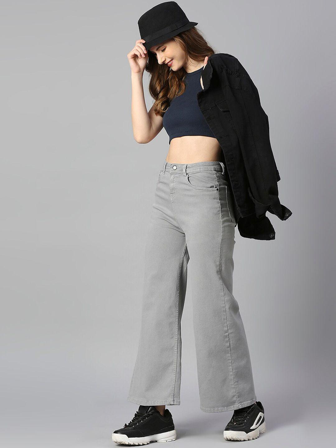 high star women grey wide leg high-rise stretchable cotton jeans