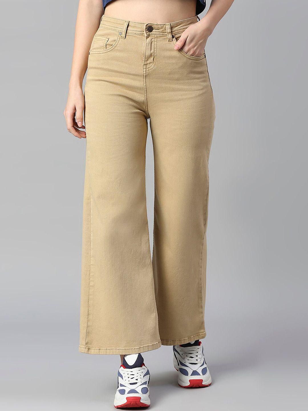 high star women khaki wide leg high-rise stretchable jeans