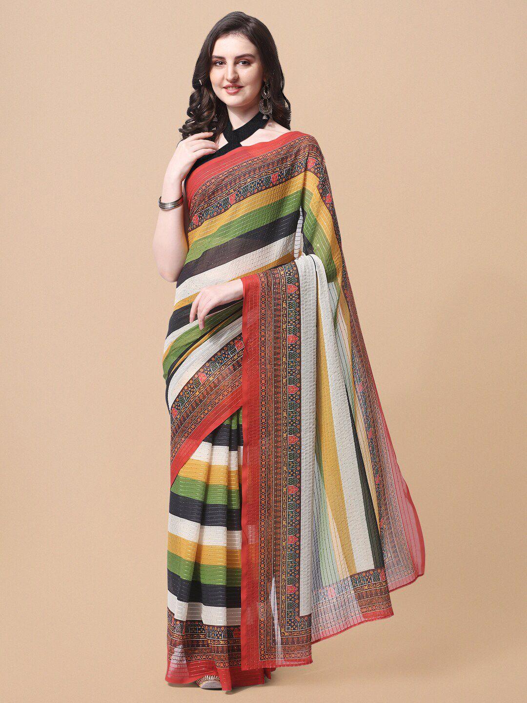 mirchi fashion green & red striped sequinned saree