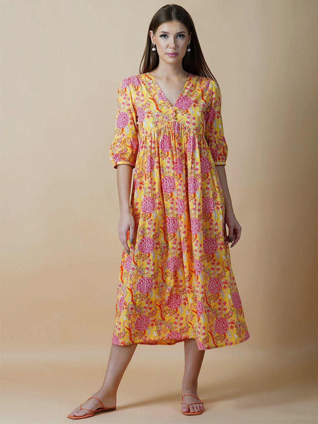 twilldor yellow floral ethnic cotton  a-line midi dress