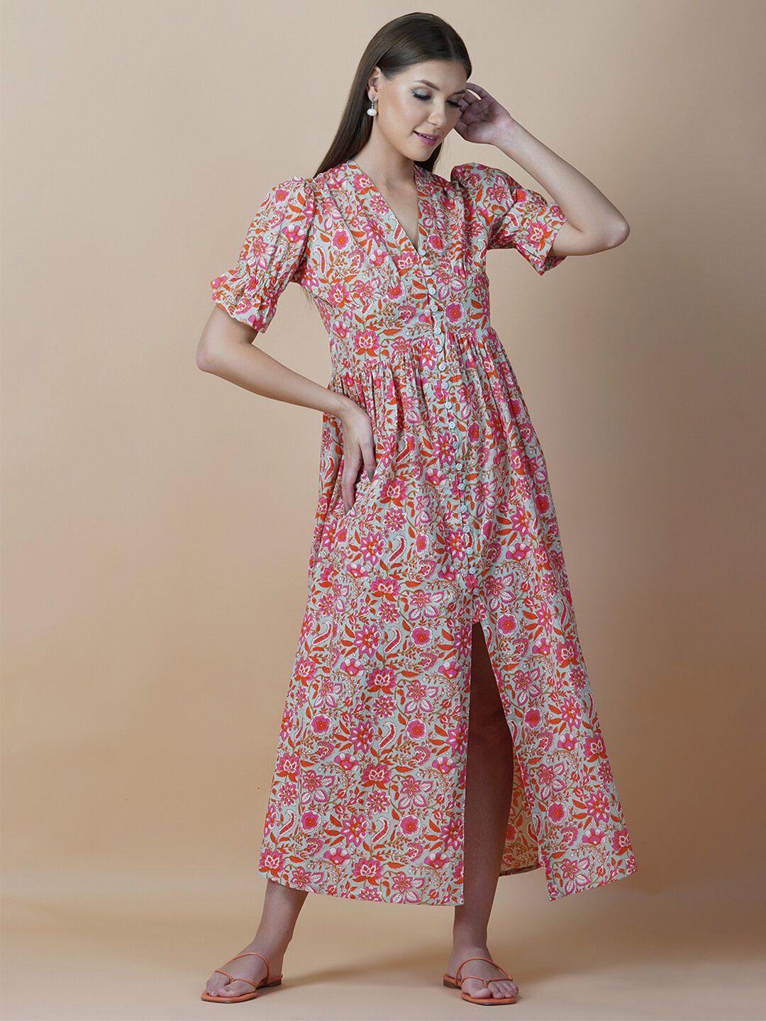 twilldor green floral ethnic cotton maxi dress