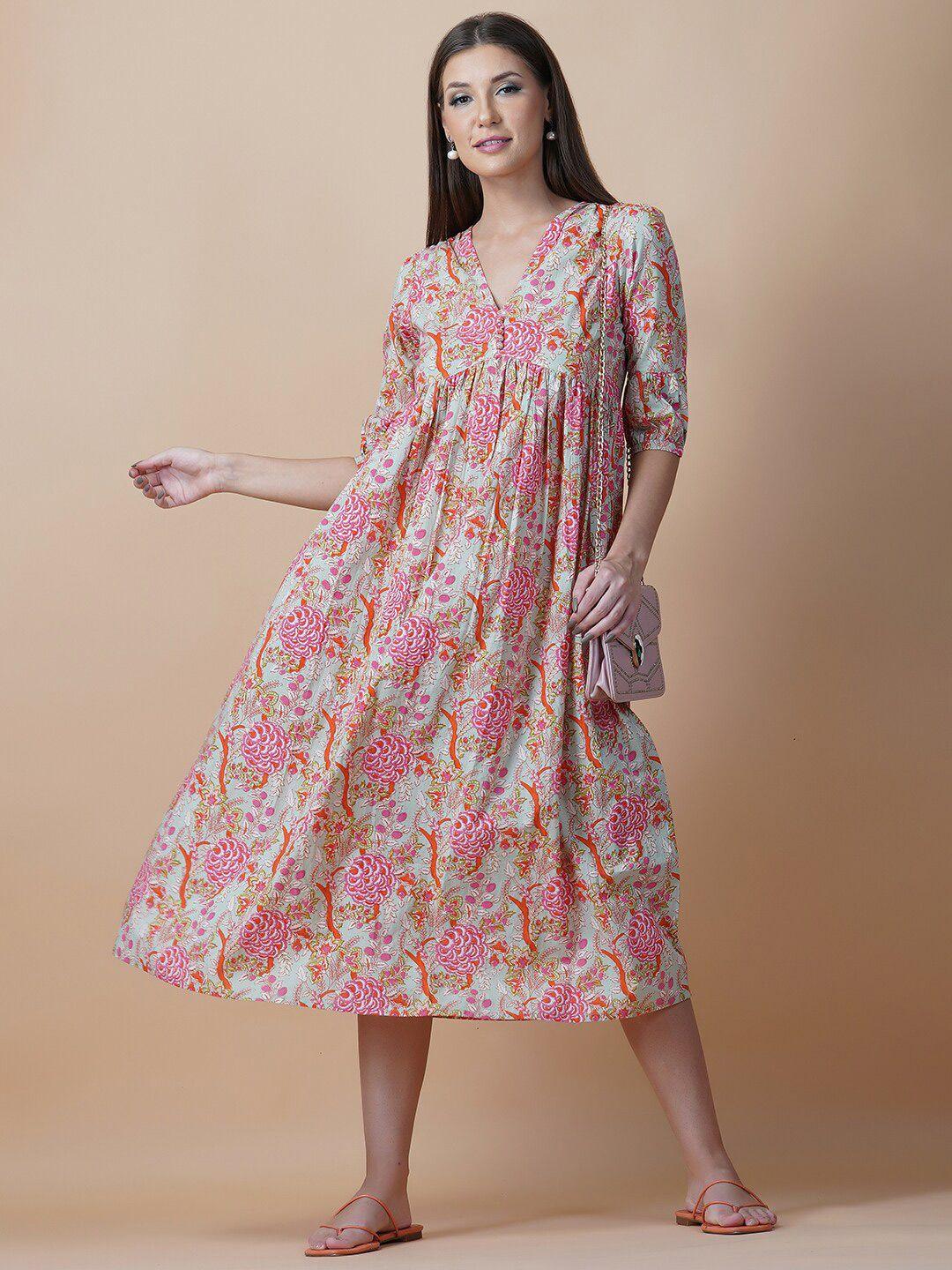 twilldor green & pink cotton floral ethnic midi dress