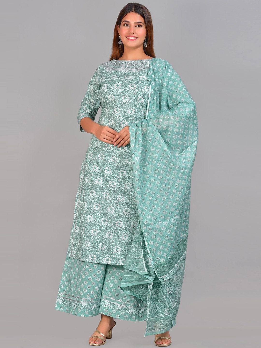 senyora women green floral printed gotta patti pure cotton kurta with palazzos & dupatta