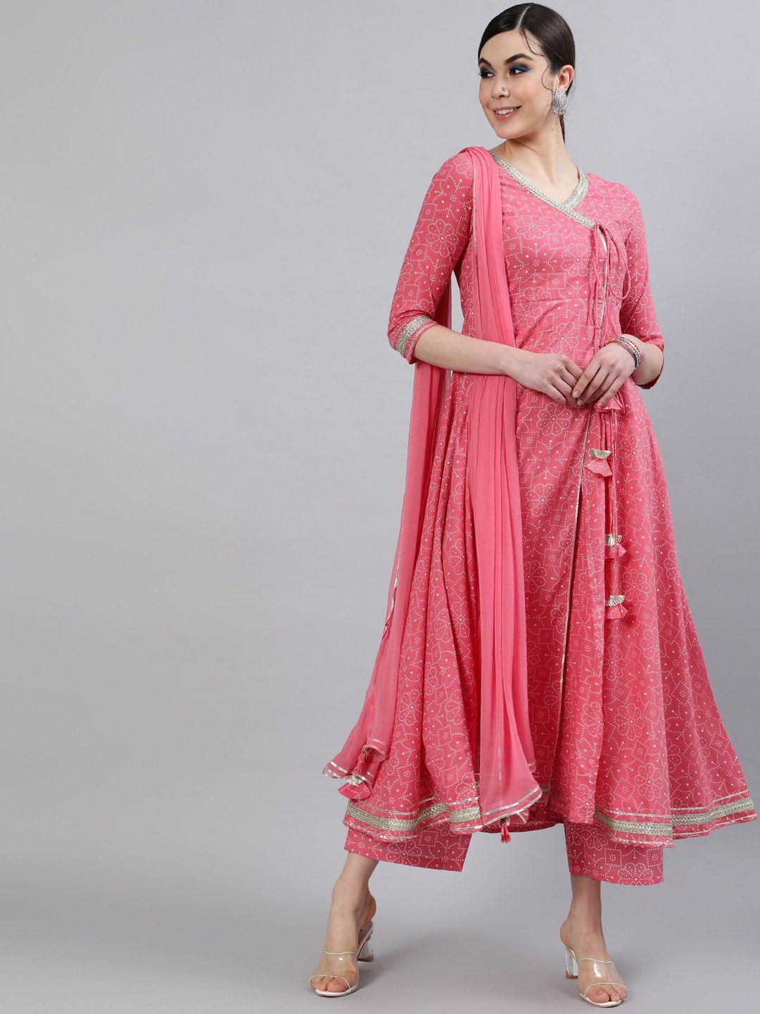 indie closet women pink printed angrakha pure cotton kurta with trousers & with dupatta