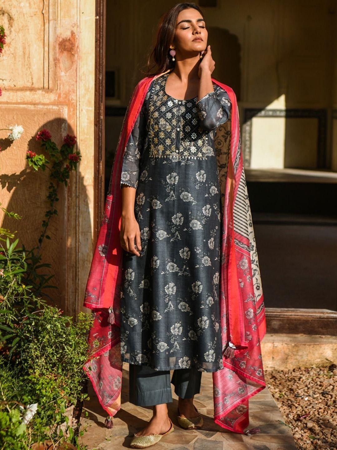 karaj jaipur women grey floral printed kurta with trousers & with dupatta