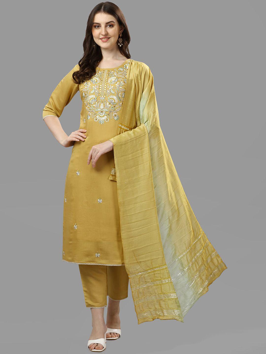 berrylicious women mustard yellow floral chanderi cotton kurta with trousers & dupatta