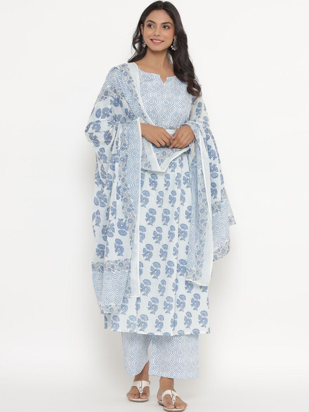 do dhaage women blue floral printed empire pure cotton kurta with trousers & with dupatta