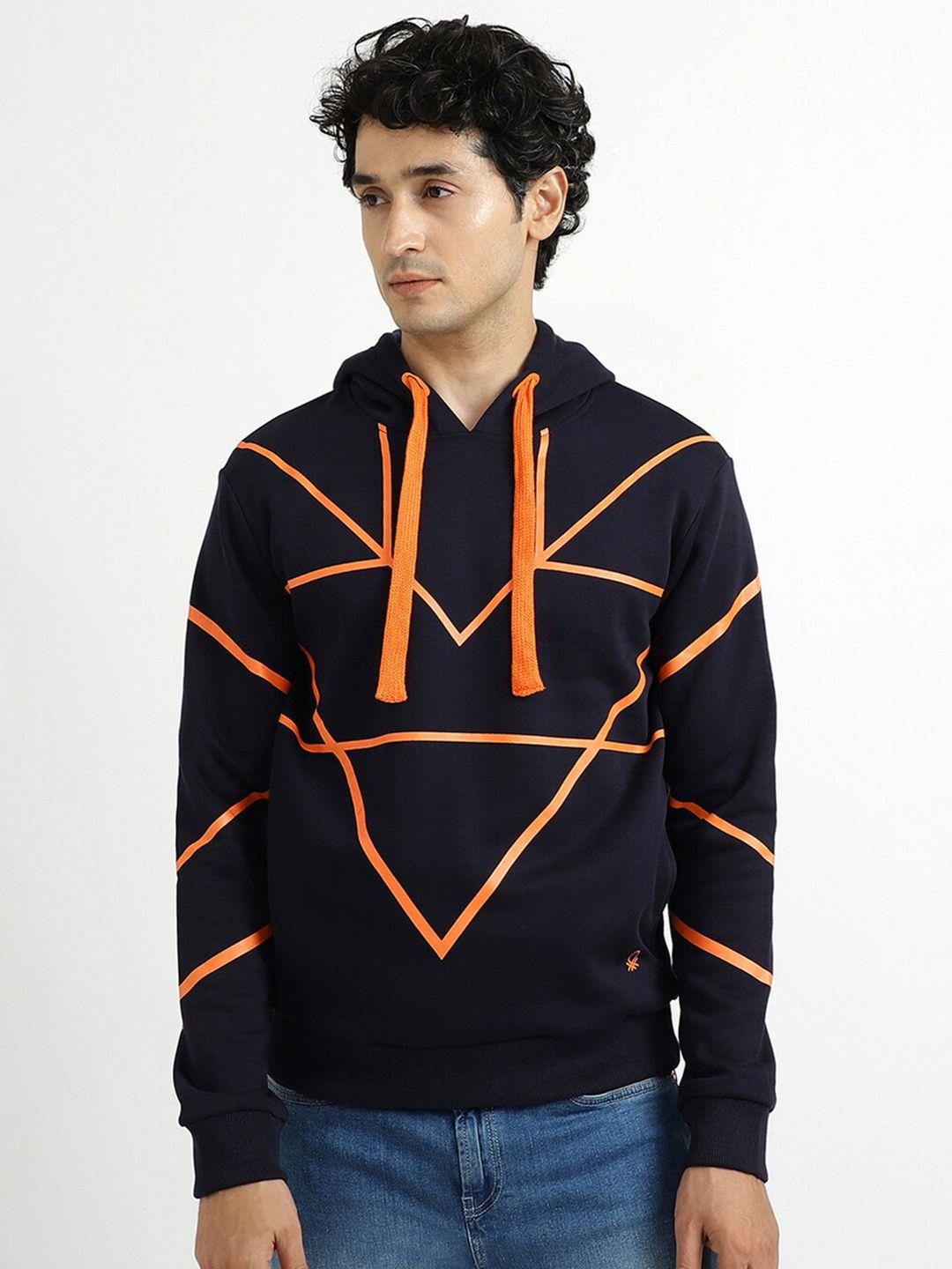 united colors of benetton men navy blue printed hooded sweatshirt