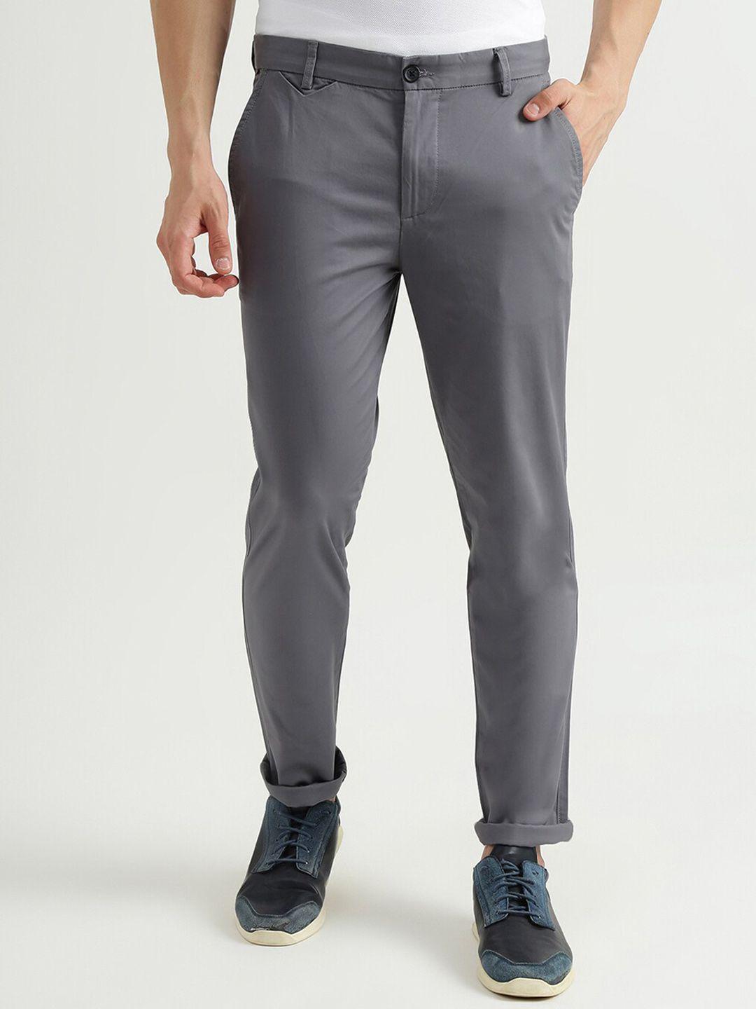 united colors of benetton men grey cotton solid slim fit trousers