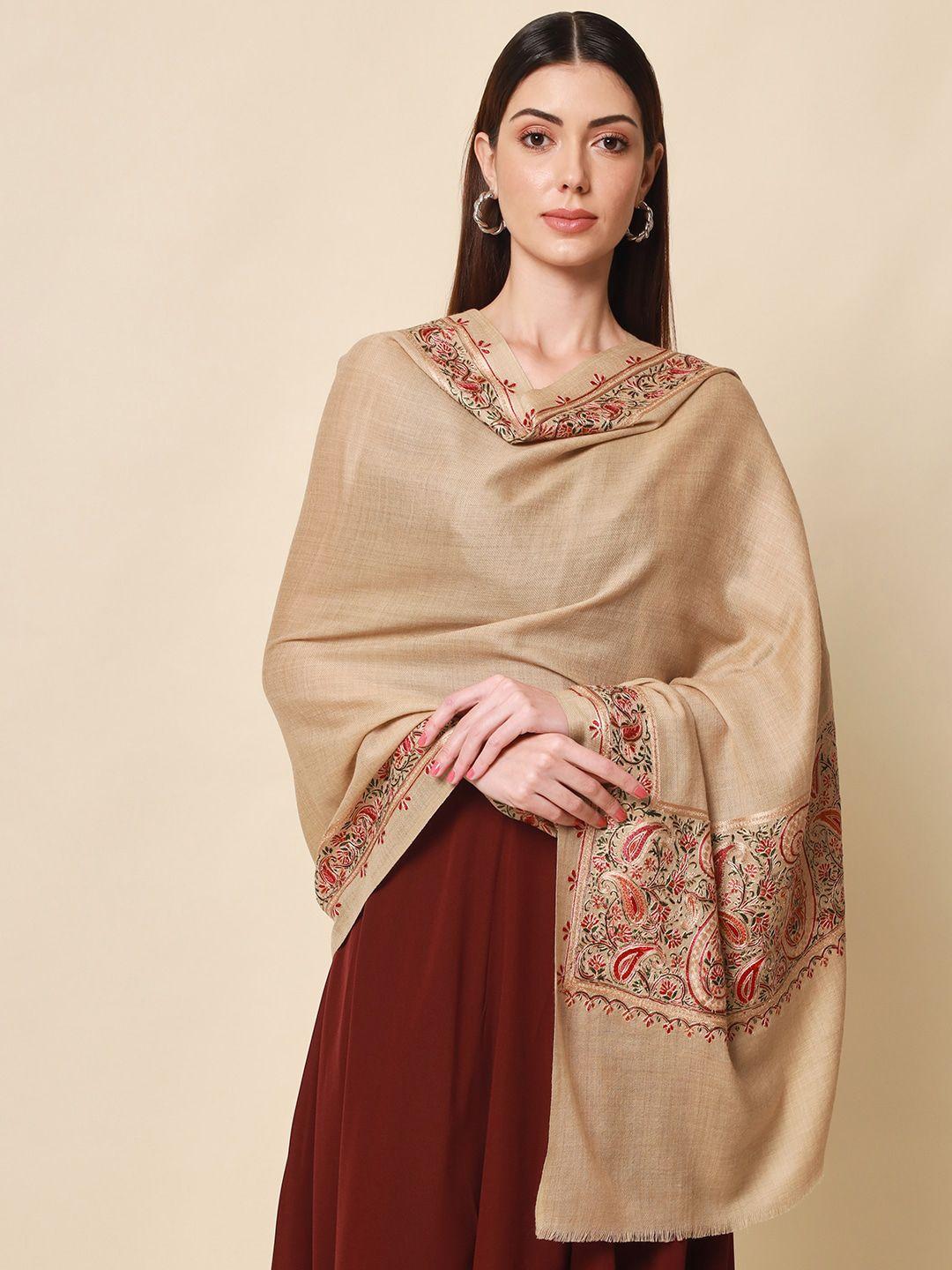 pashmoda women beige embroidered pure wool shawl