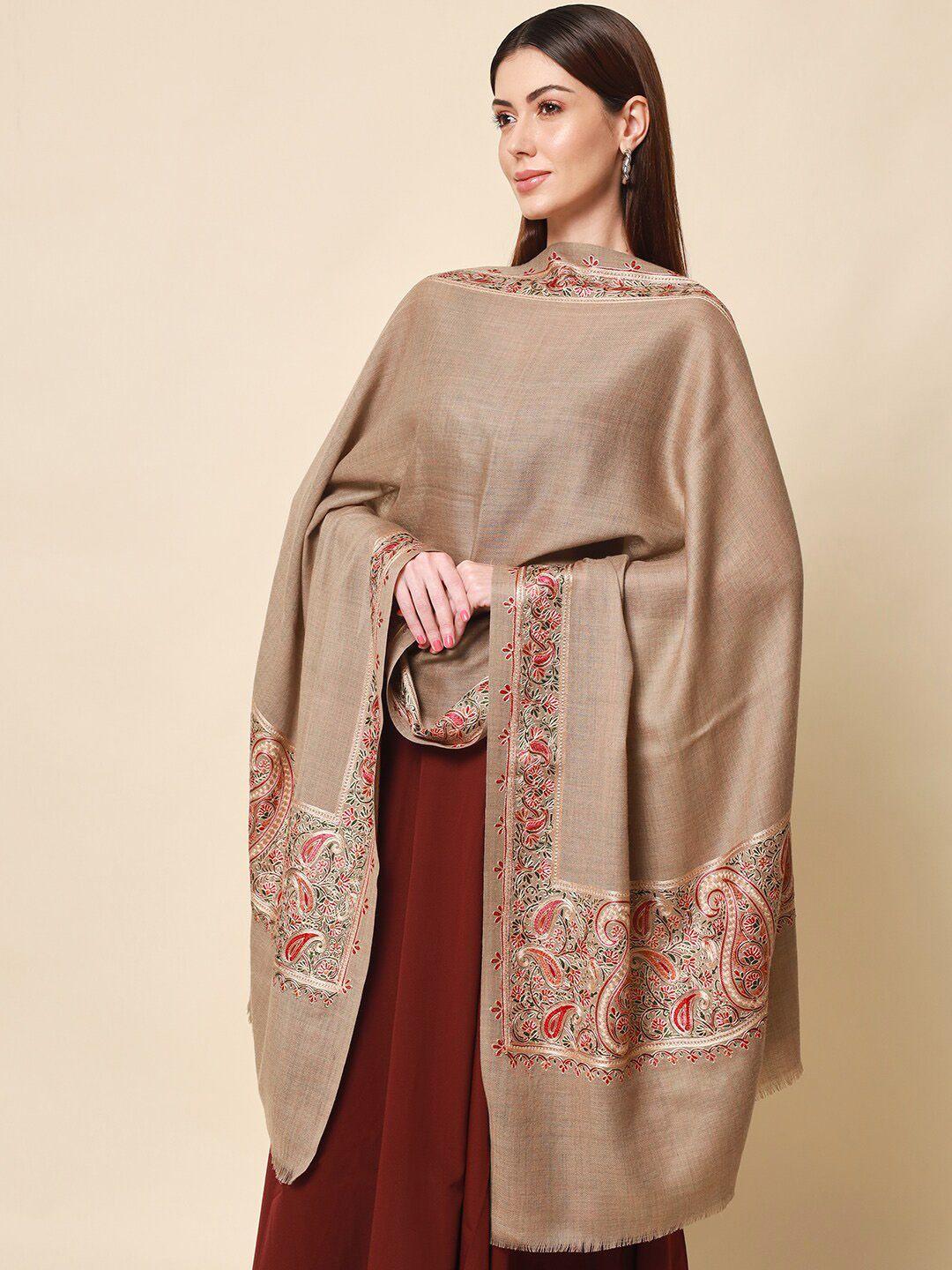 pashmoda women beige embroidered pure wool shawl