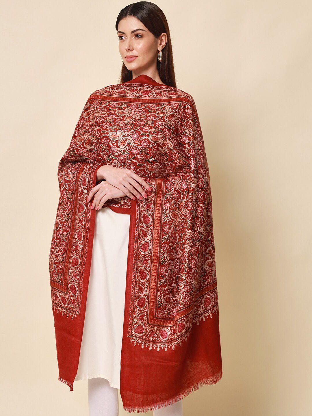 pashmoda women maroon embroidered pure wool shawl