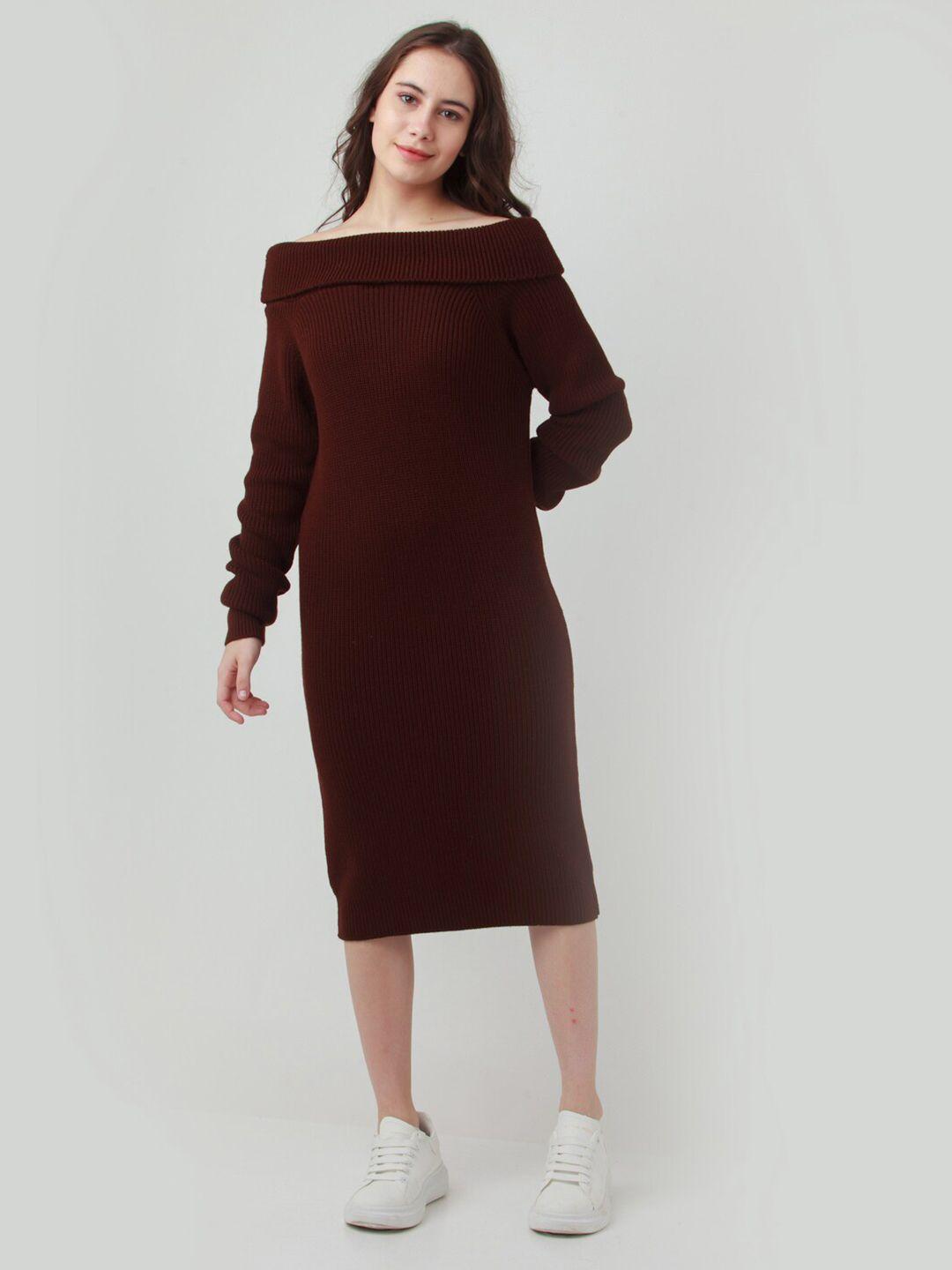 zink london brown off-shoulder ethnic sheath midi dress