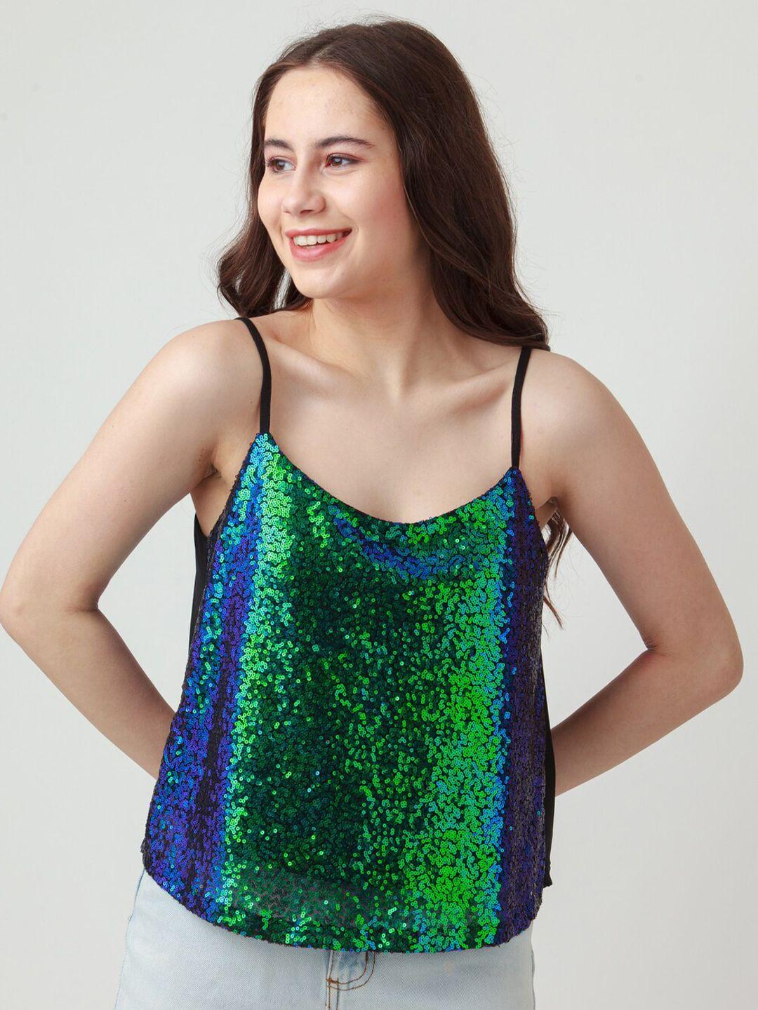 zink london black & green sequined embellished top