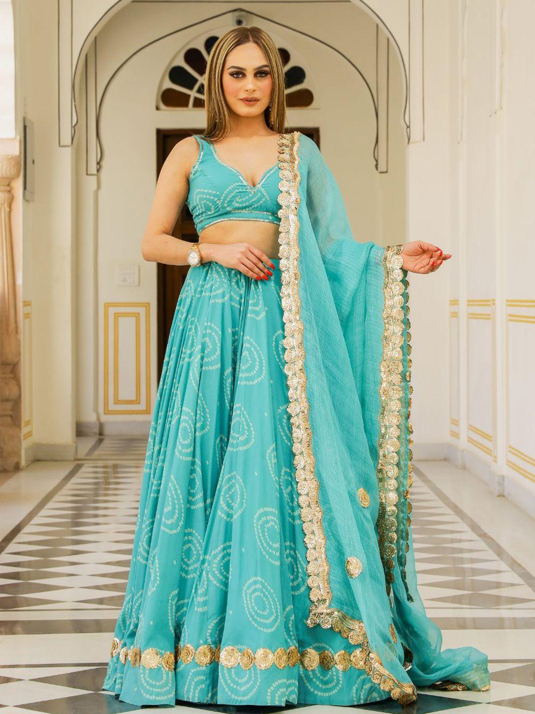 baisacrafts teal & white bandhani printed lehenga choli with dupatta