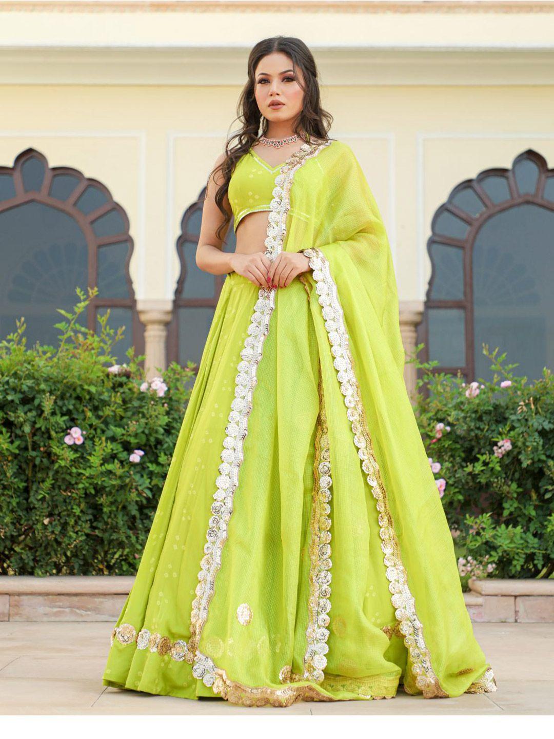 baisacrafts lime green & gold-toned bandhani printed sequinned lehenga choli with dupatta