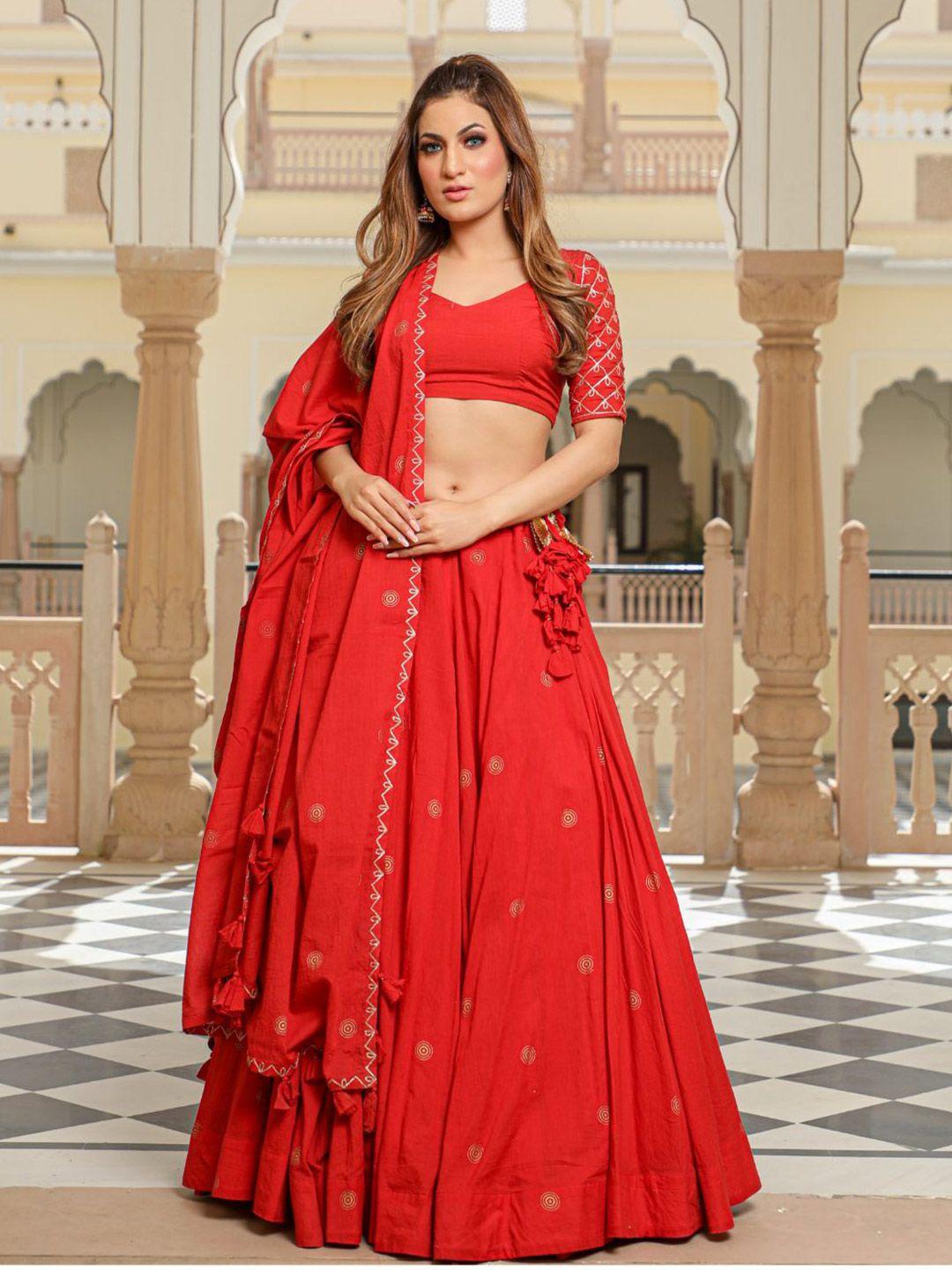 baisacrafts red & gold-toned embroidered block print lehenga choli with dupatta