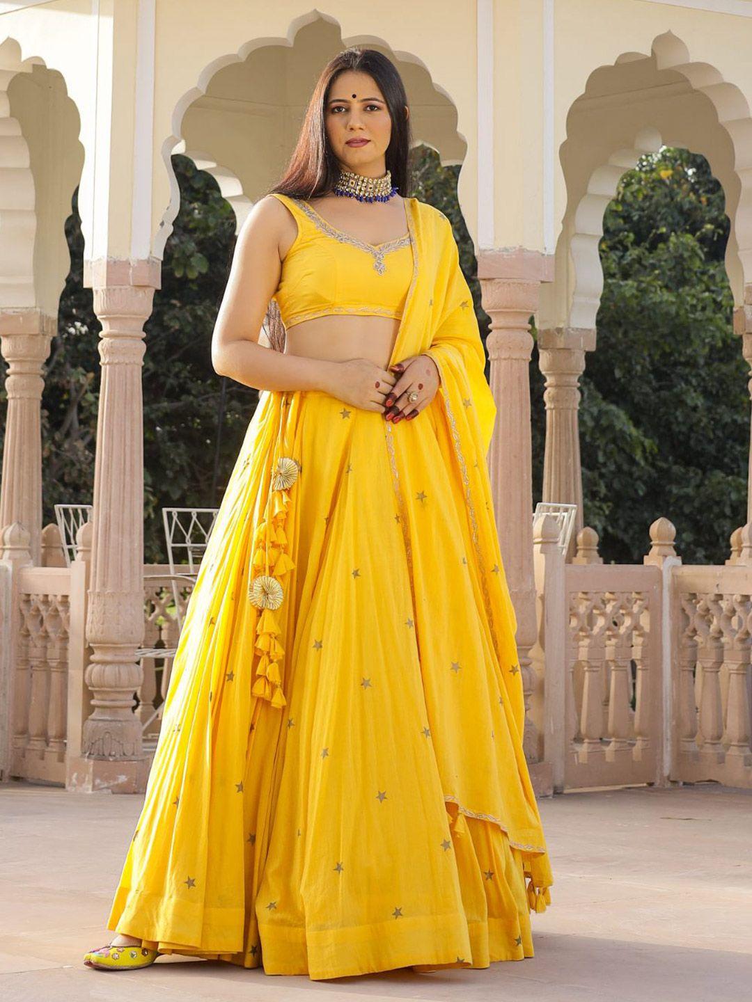 baisacrafts yellow & gold-toned embroidered block print lehenga choli with dupatta