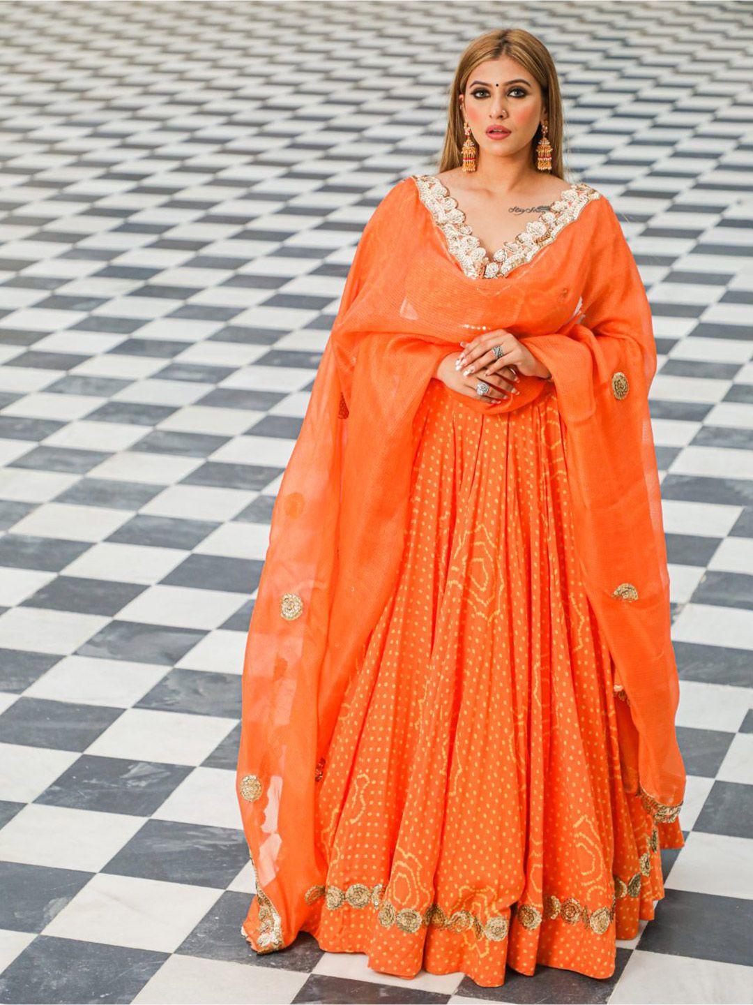 baisacrafts orange & gold-toned embellished sequinned ready to wear lehenga & blouse with dupatta