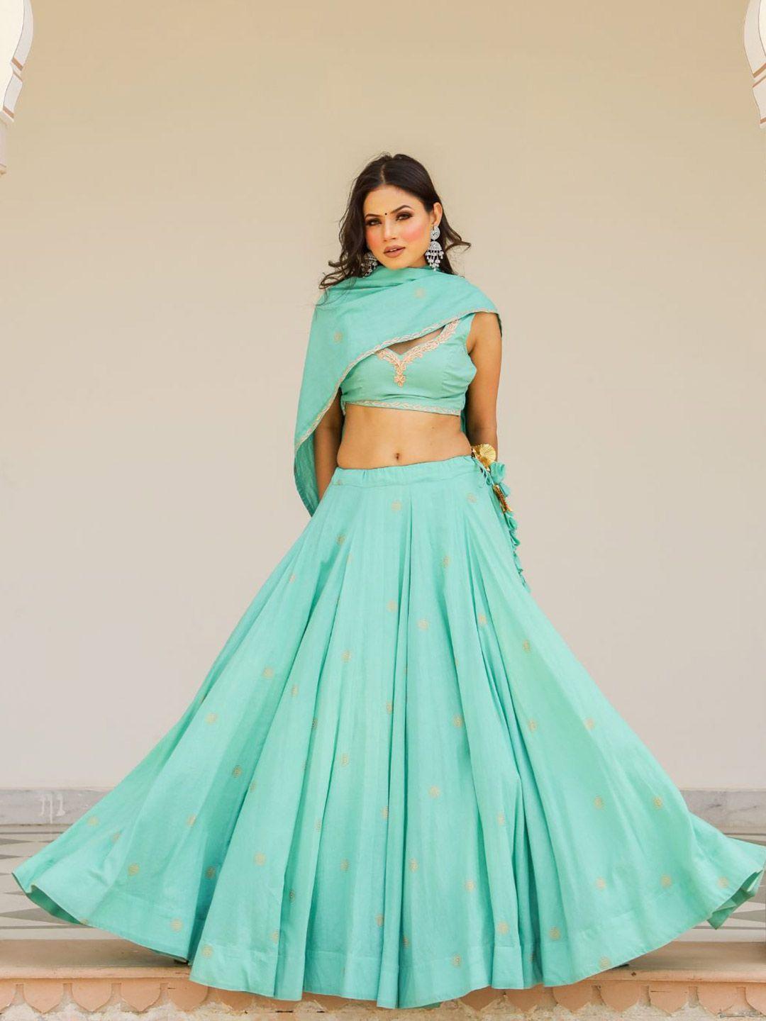 baisacrafts sea green & gold-toned embroidered & block print lehenga choli with dupatta