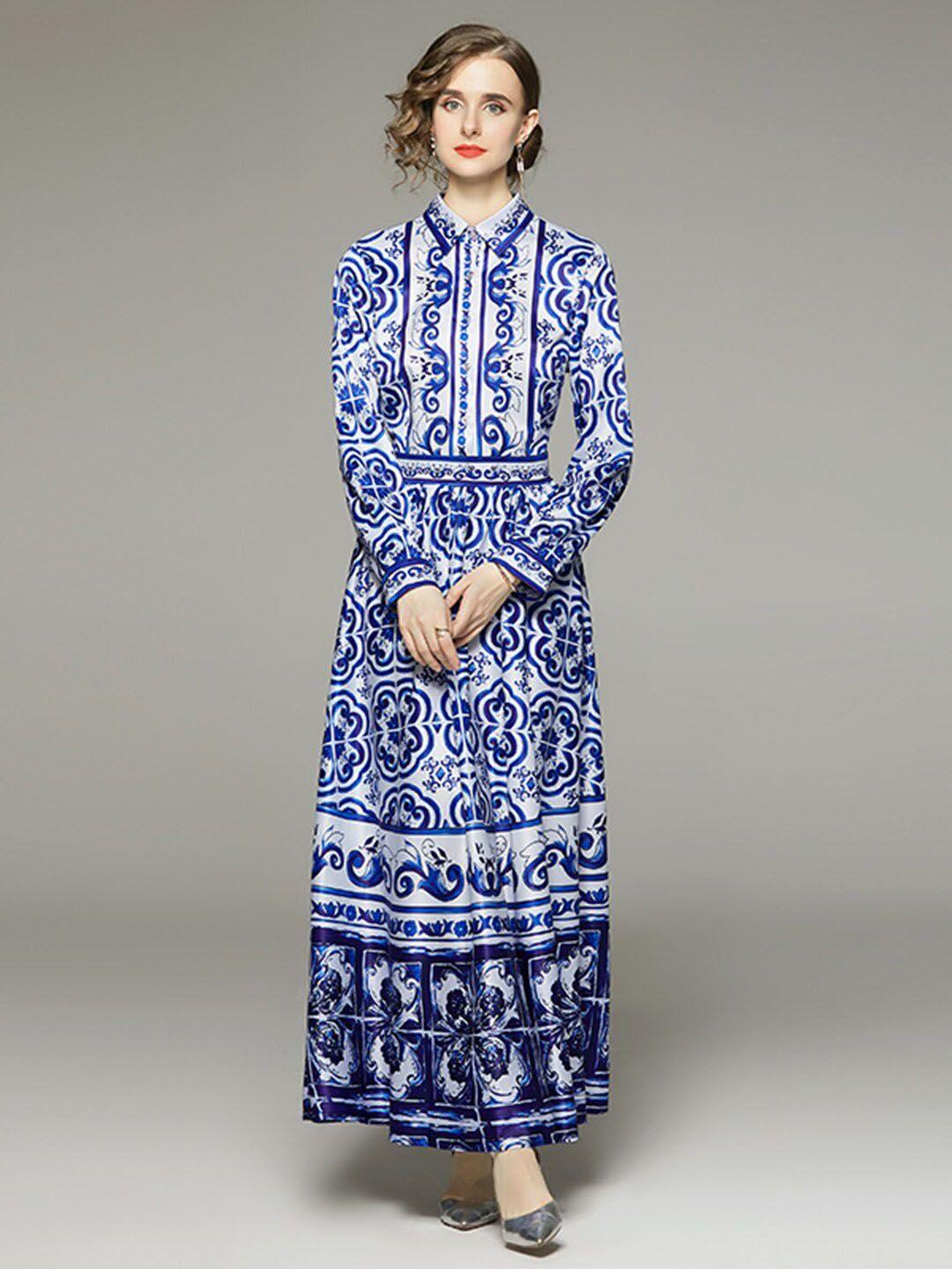 jc collection white & blue ethnic motifs maxi polyester dress