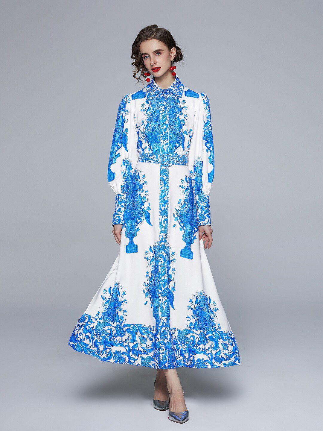 jc collection white & blue ethnic motifs printed maxi dress