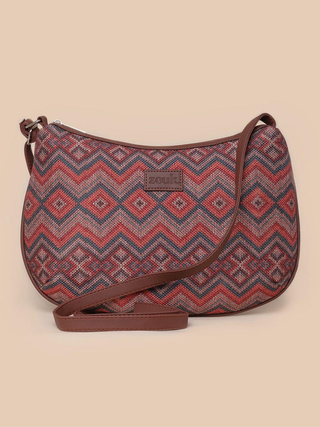 zouk women brown geometric half moon hobo bag