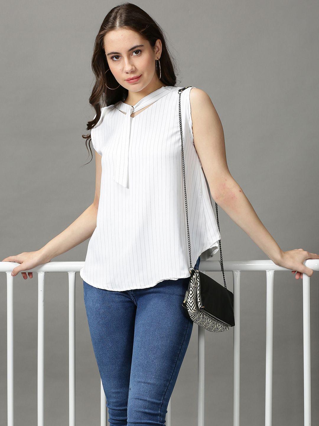 showoff white & black striped tie-up neck top