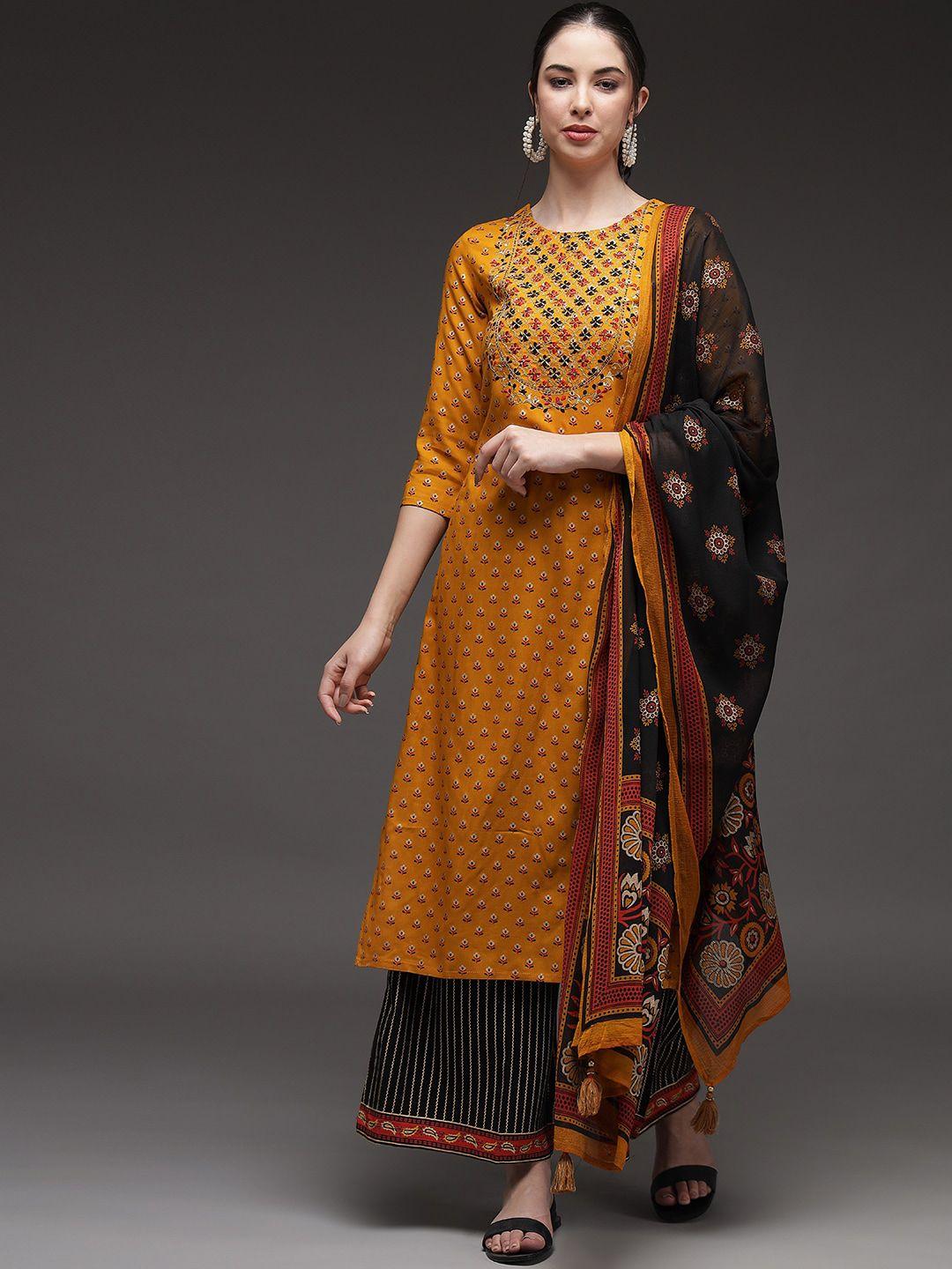 nehamta mustard yellow floral embroidered thread work kurta with palazzos & with dupatta