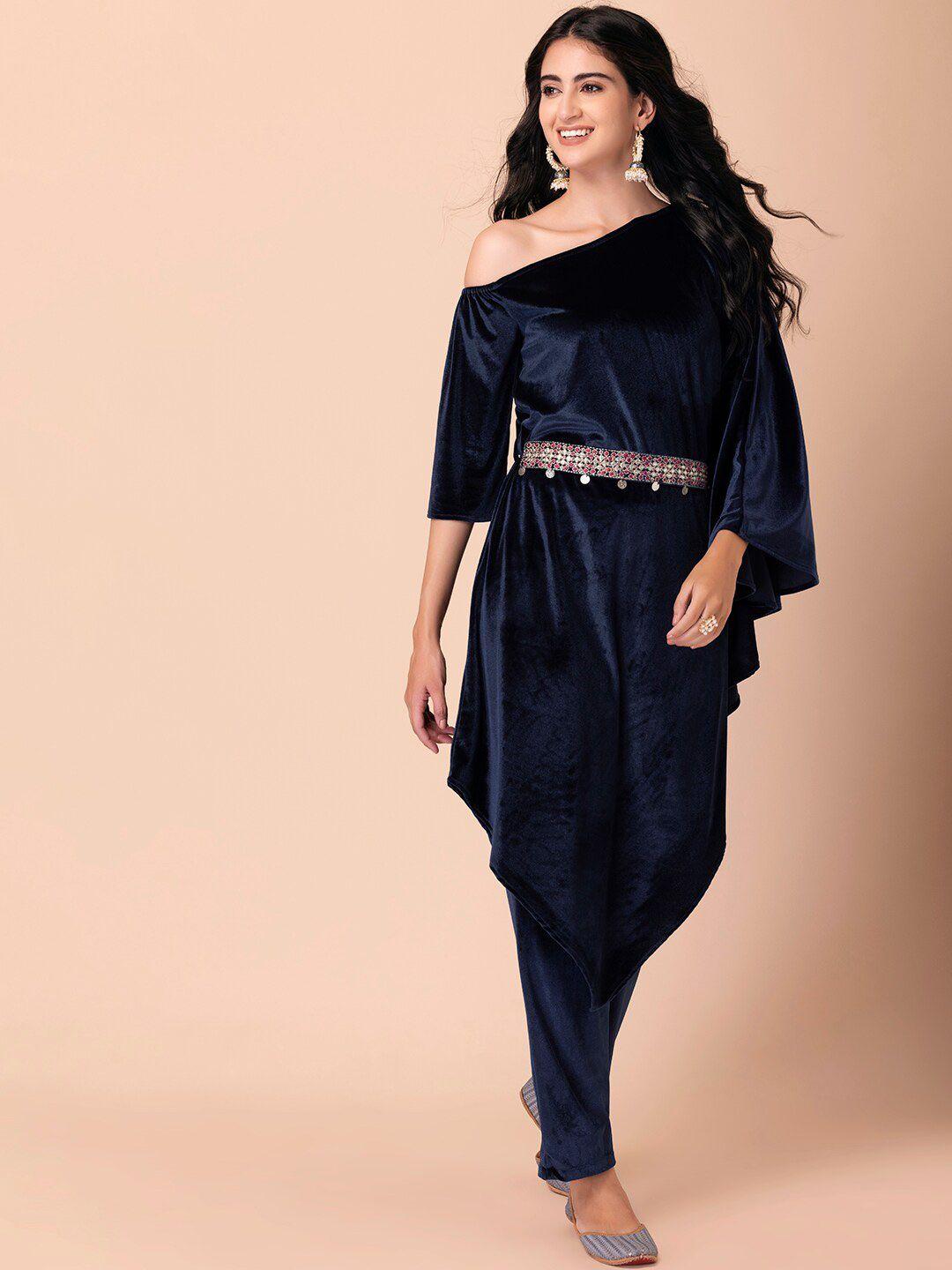 indya women blue pleated velvet kurta with trousers & with dupatta