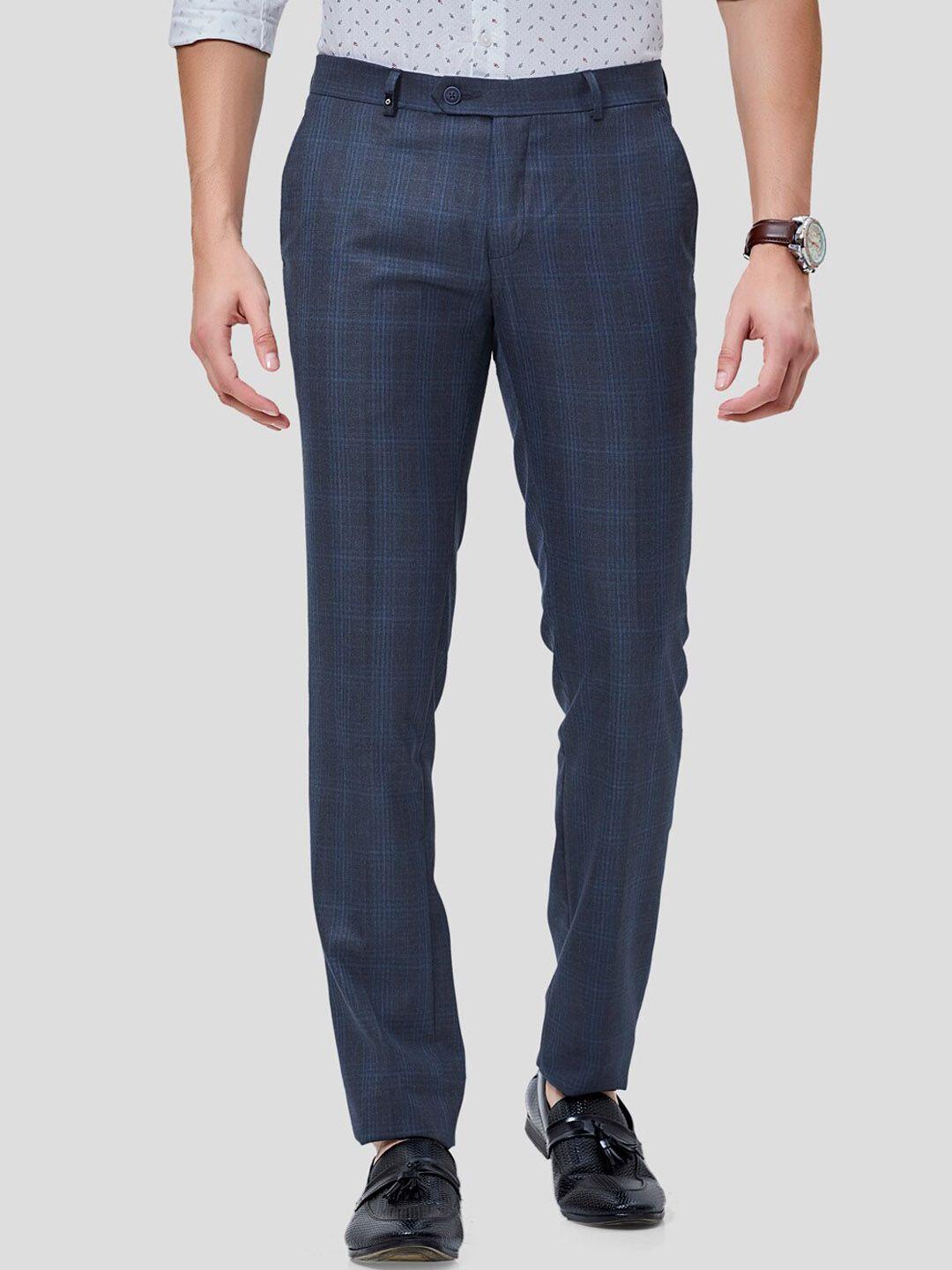 oxemberg men navy blue checked slim fit formal trouser