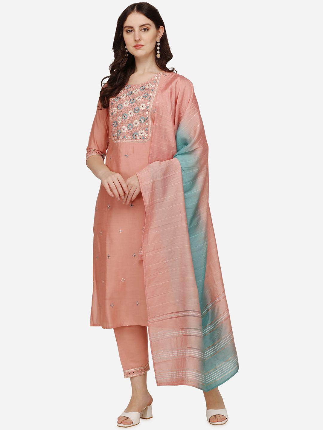 berrylicious women pink floral embroidered thread work chanderi cotton kurta with trousers & with dupatta