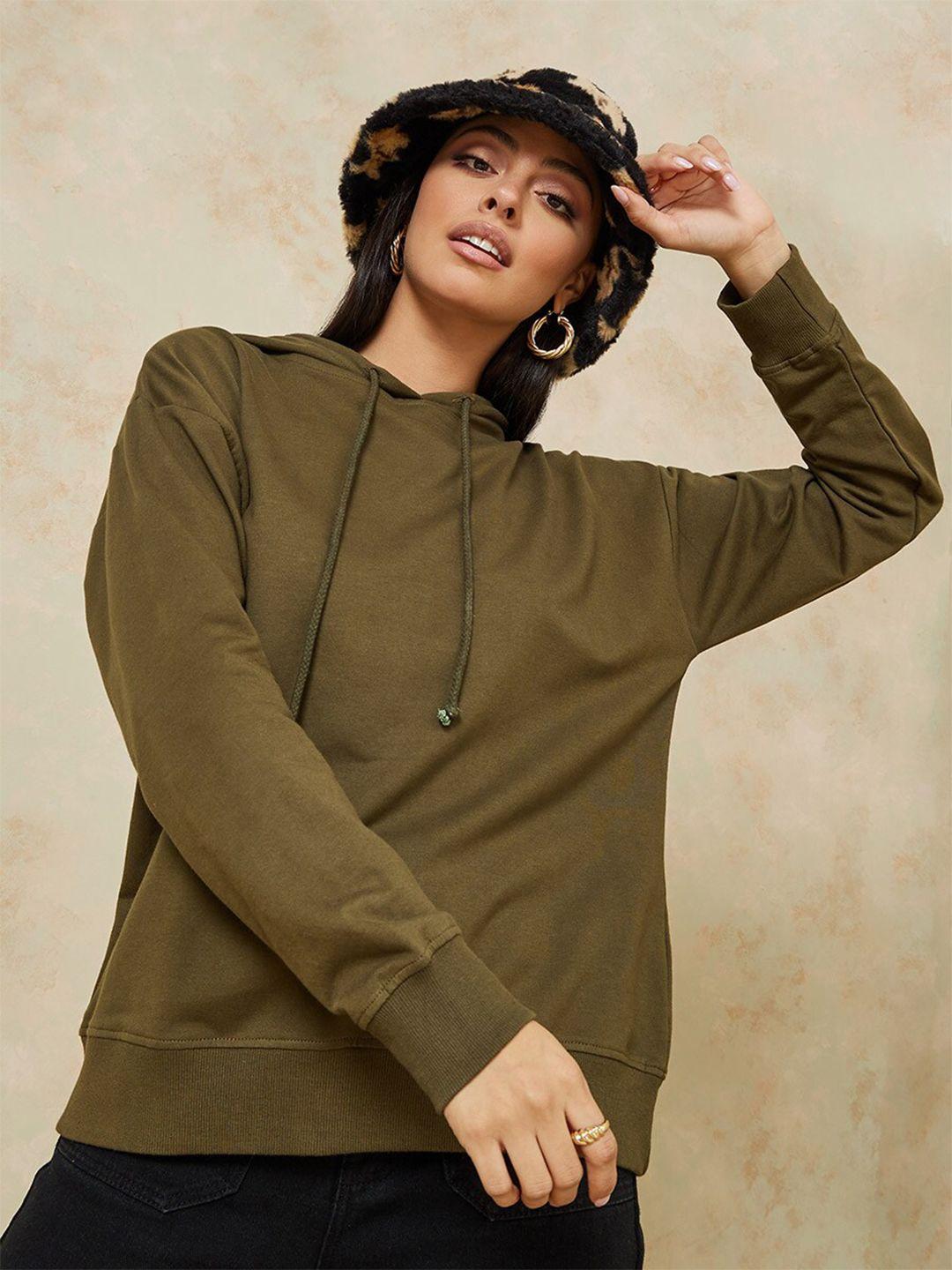 styli women olive green cotton hooded sweatshirt