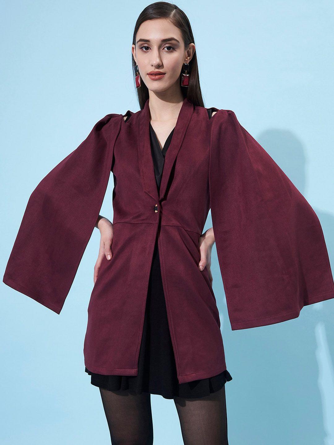 athena women burgundy shawl collar shoulder cut out coat